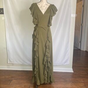 Joyfolie Olive Green Ruffle Wrap Maxi Dress Textured Dobby Flutter Sleeve NWT